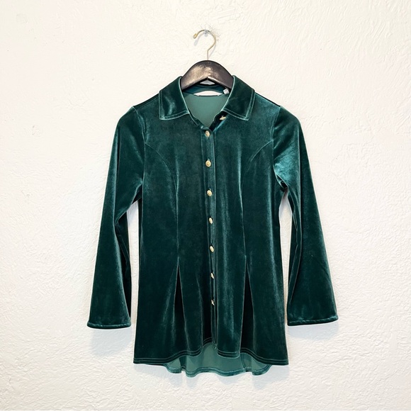 Soft Surroundings Velvet Shirt Top Green Emerald Gold Button PXS Petite XS - Picture 5 of 9